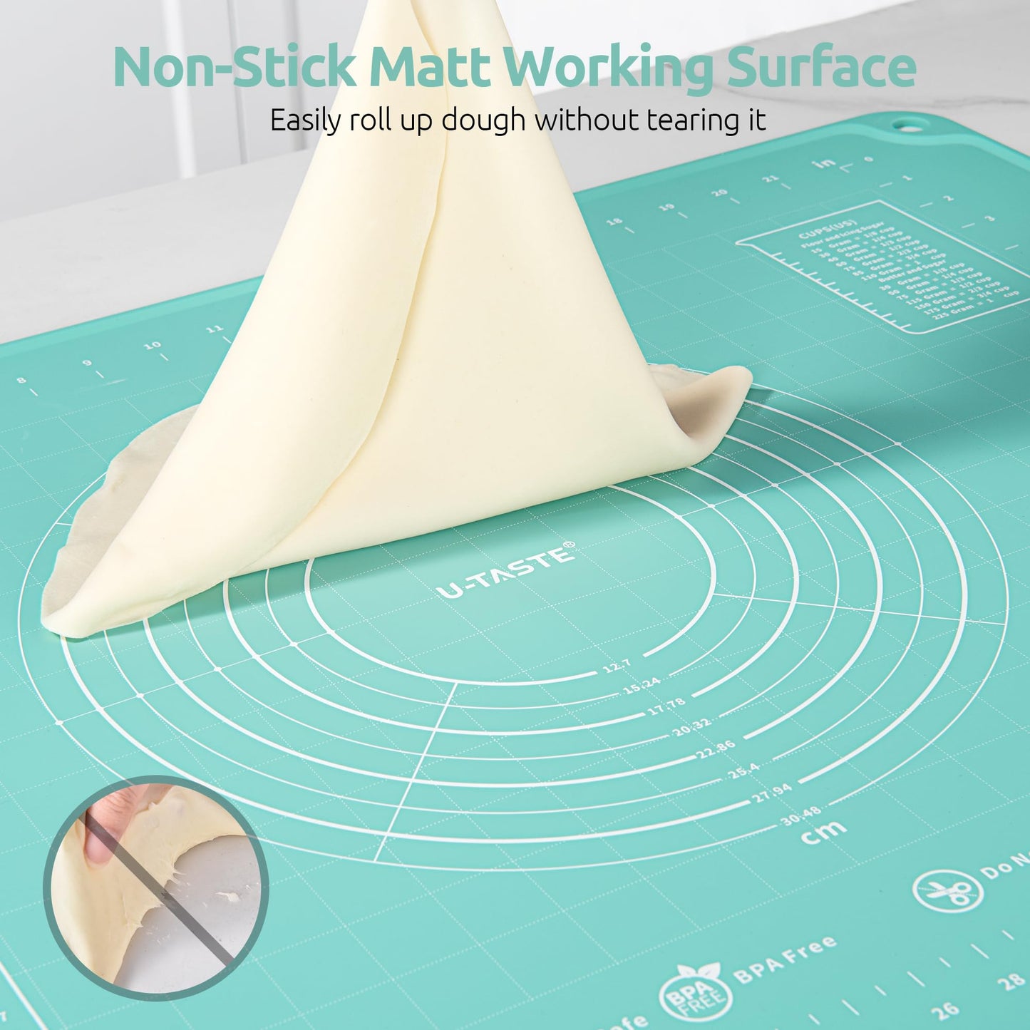 U-Taste 28"x20" Large Pastry Mat: Food-Grade Liquid Silicone Dough Rolling Baking Sheet, Non-Stick Non-Slip for Kneading, Making Pizza, Fondant, Pie with Clear Measurement and Raised Edges (Aqua Sky)