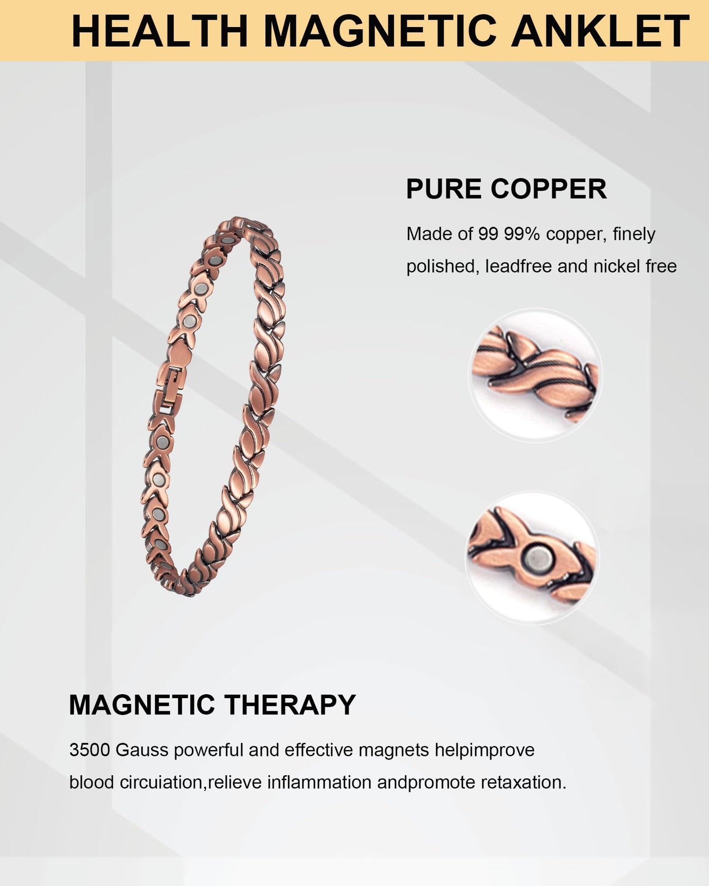 UtenoTureH Copper Magnetic Ankle Bracelet for Women for Arthritis, 99.99% Pure Copper Fishtail Design Magnetic Therapy Jewelry with Adjust Tool
