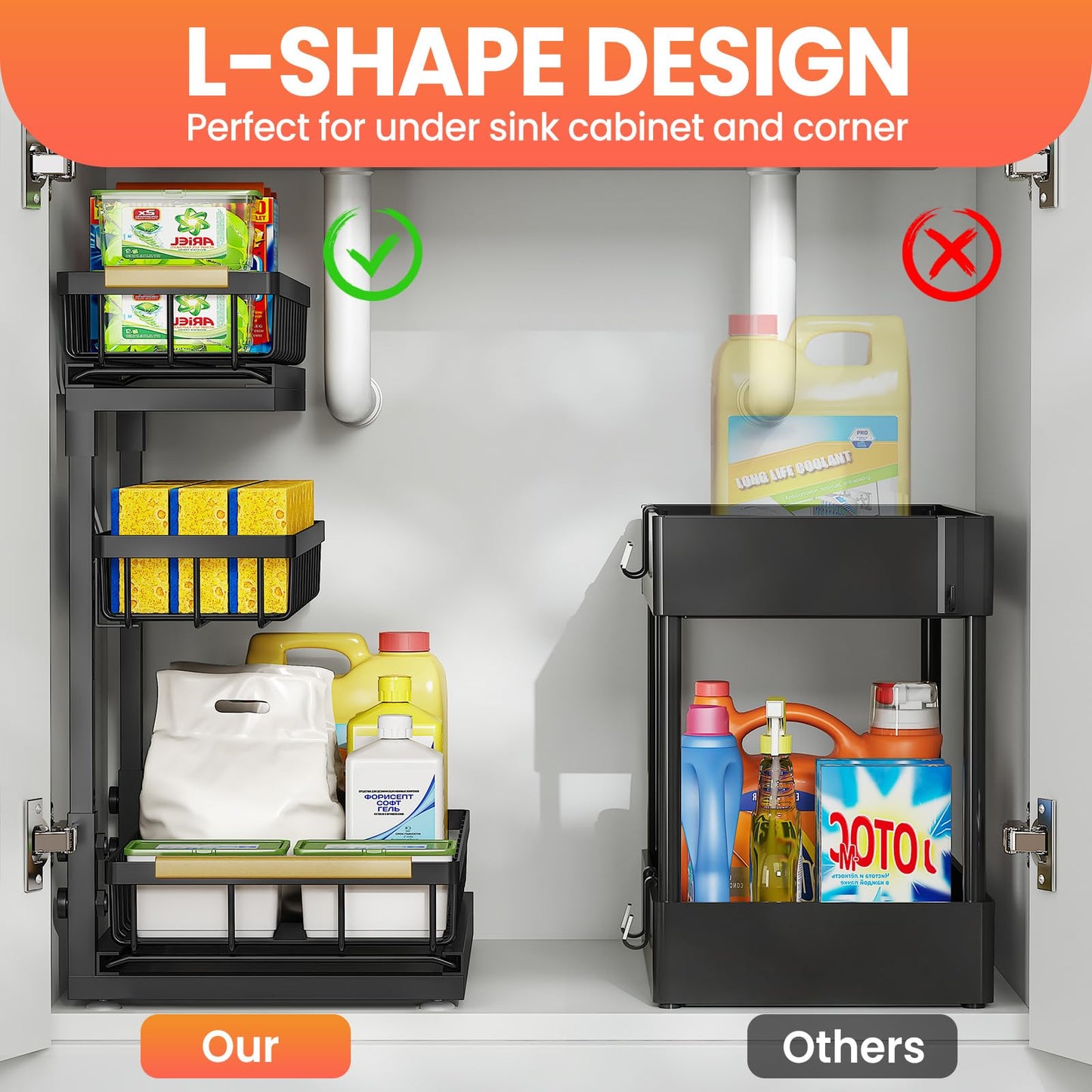 Aekenr Under Sink Organizer and Storage for Bathroom and Kitchen - 2 Pack 3 Tier Under Cabinet Pull Out Shelf Organizers - Slide Out Drawer Organization for Home Cabinets Shelves and Drawers