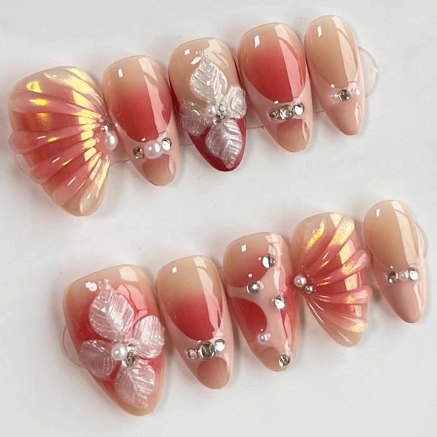Almond Press on Nails Long Fake Nails Red Artificial Nail SEENEEY Flowers Pearl Cute Stick on Nail for Women 24pcs