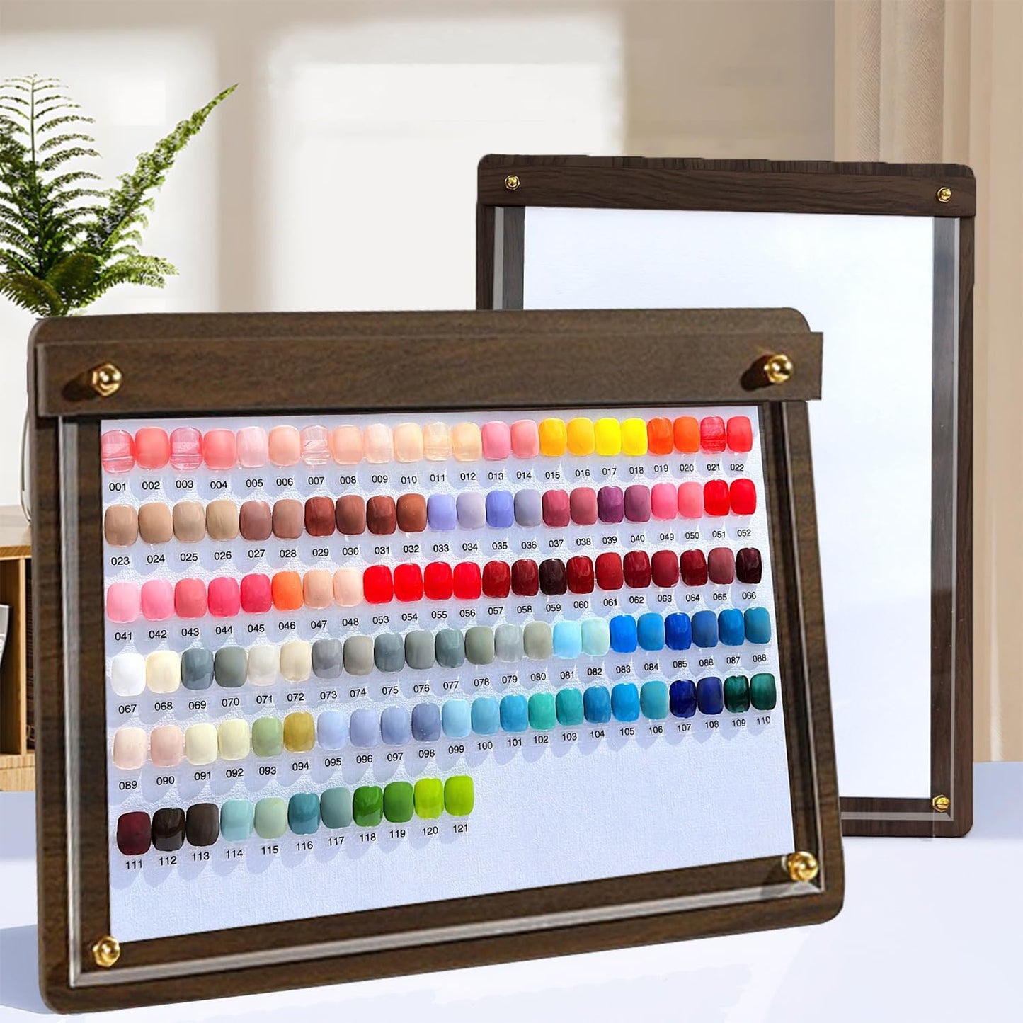 Acycoin2A Walnut Wood Nail Color Display Board Photo Frame Nail Polish Glue Template Color Card with False Nail Tips and Number Sticker