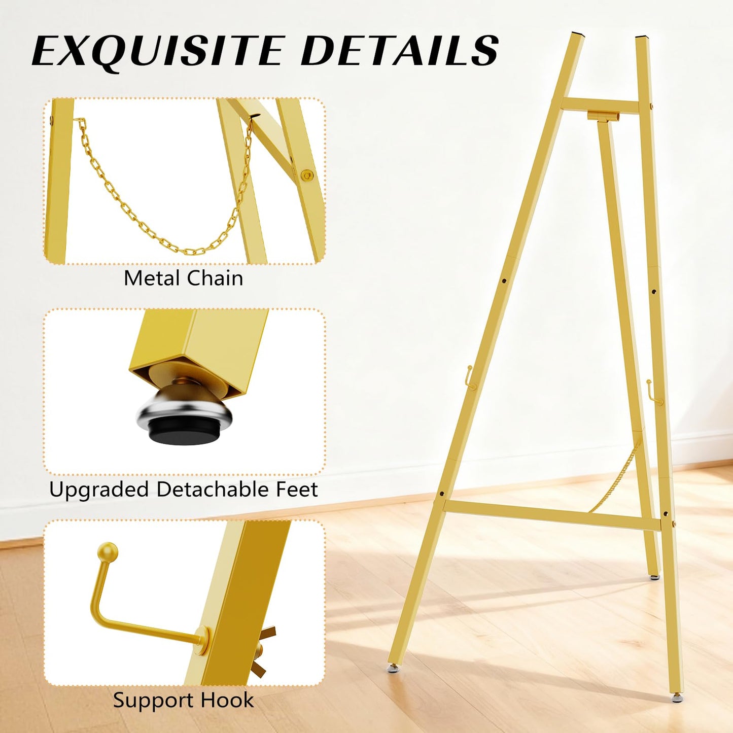 Gold Easel Stand for Sign, Heavy Duty Metal Display Easel with Adjustable Chain, Art Easel for Painting, Wedding Sign, Posters & Commercial Display
