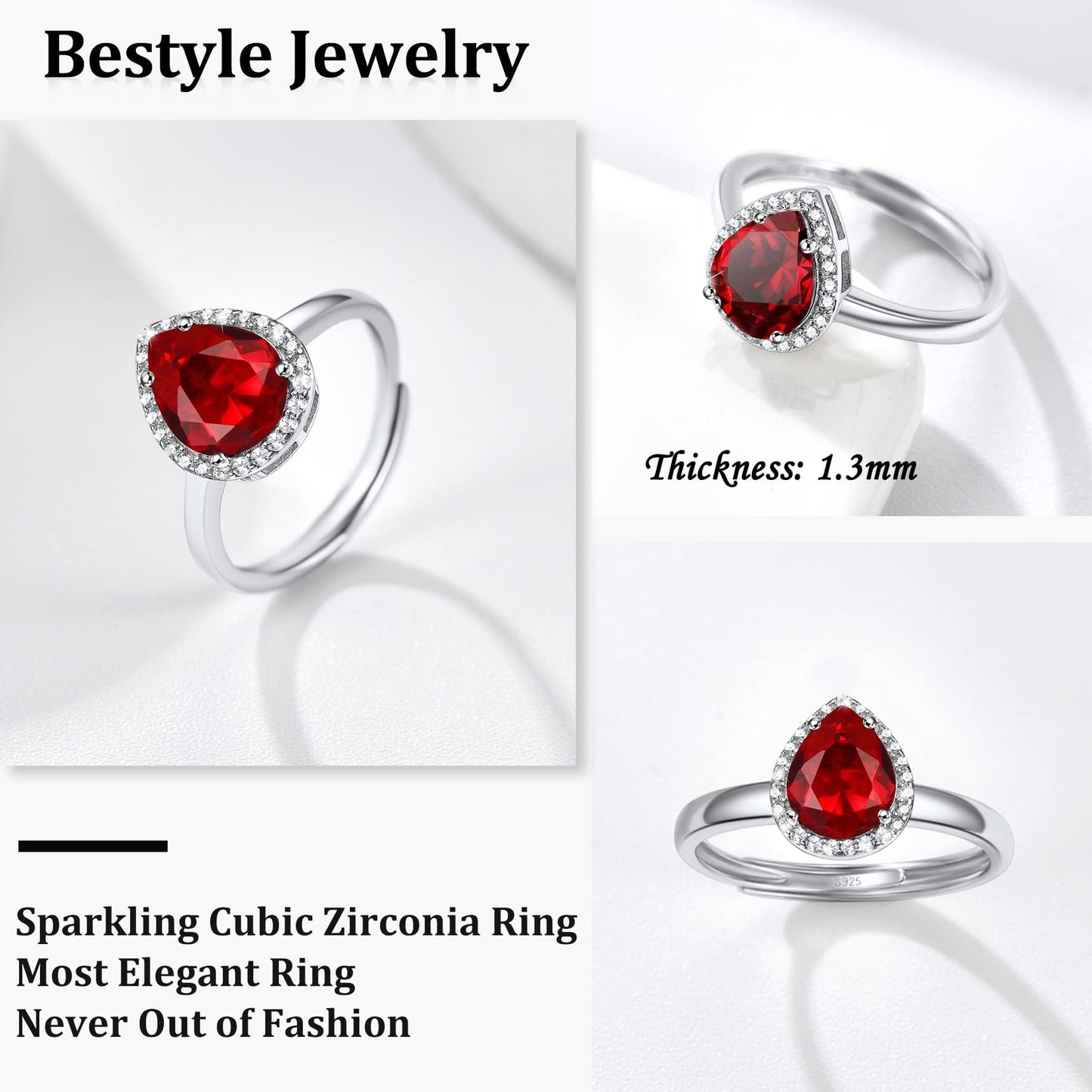 Bestyle 925 Sterling Silver Created Diamond Rings Teardrop Crytsal Rings for Women, 8mm January Granet Birthstone Gemstone Rings Illuminated by 1mm White Cubic Zirconia