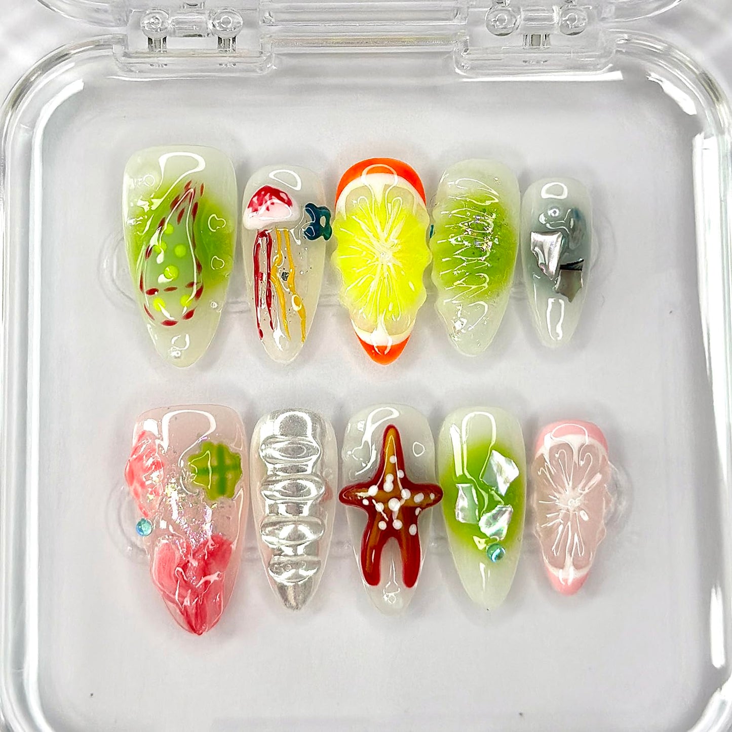 Luxury Press on Nails Medium Almond Handmade 3D Unique Reusable ABS Material Fake Nails French Tip False Nails with Designs Fruit Starfish Art Glossy Glue on Nails Thick Acrylic Nails(M)