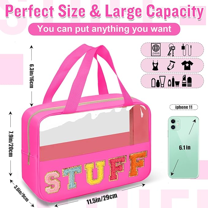 Chenille Letter Clear Makeup Bags Stuff Tote, Preppy Patch Makeup Bag Zipper with Handle, Waterproof PVC & Nylon Portable Glitter Large Cosmetic Travel Toiletry Storage for Women Girls(STUFF-Rose)