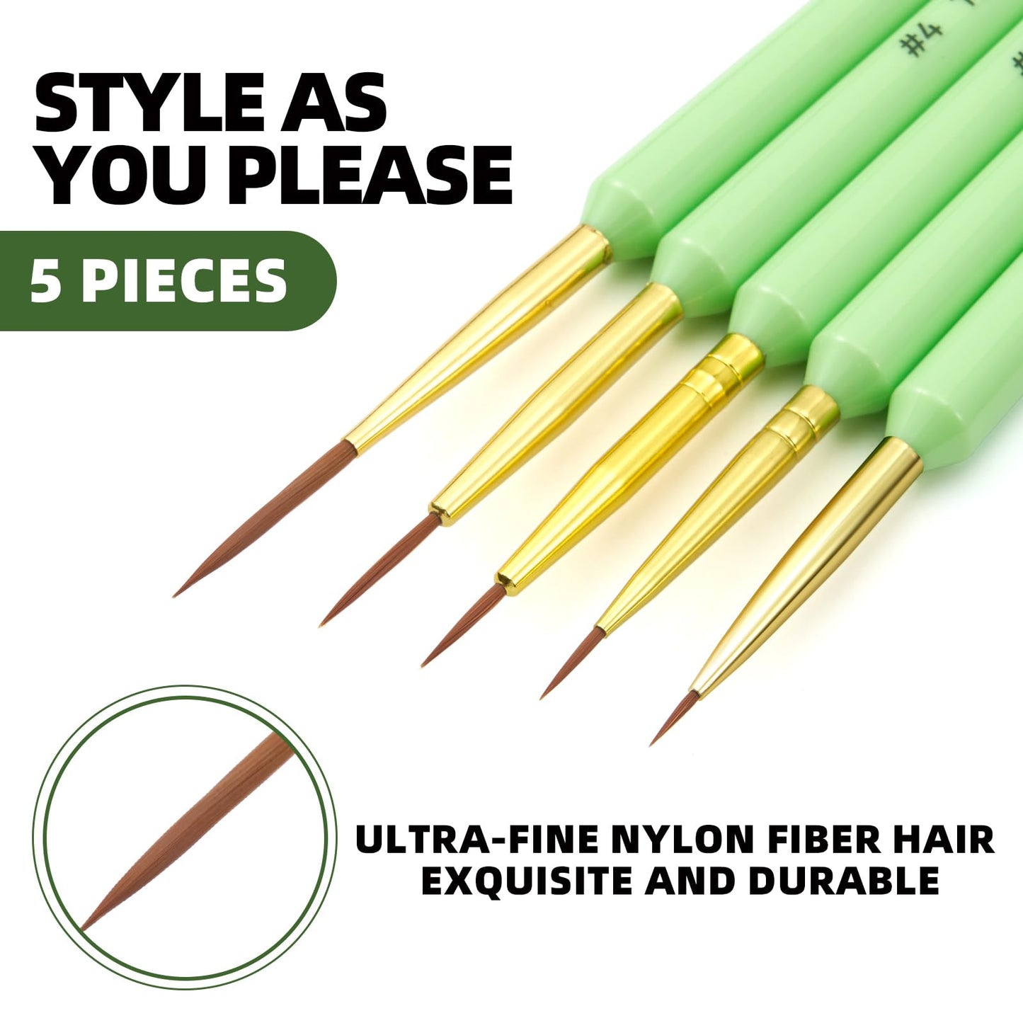 Nail Brush Set for Nail Art Liner Brushes,GSWOI 5Pcs Thin Liner Striping Brush for Nails Gel Polish Painting Designs Elongated Lines -Sizes 7/9/11/15/22mm(Green)