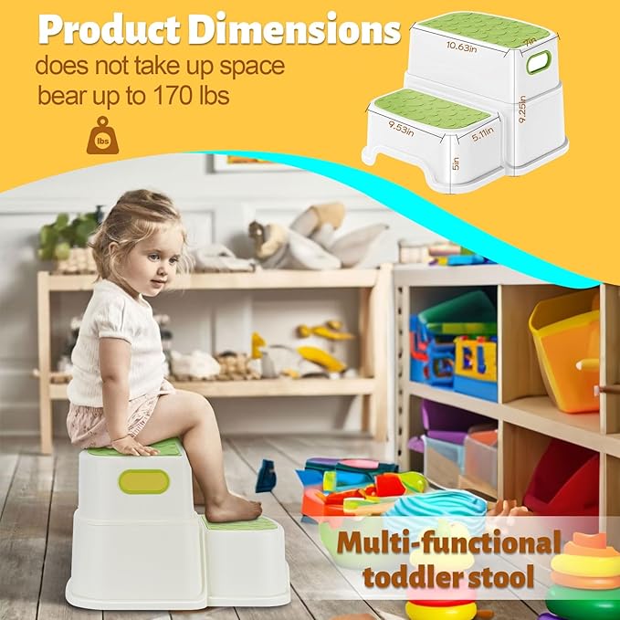 WELSPO 2 Step Stool for Kids, Toddler Step Stool for Bathroom, Kitchen, Bedroom, Living Room, Non-Slip Toddlers Toilet Potty Stool with Handles Baby Child Kid Plastic Poop Stools(Green)