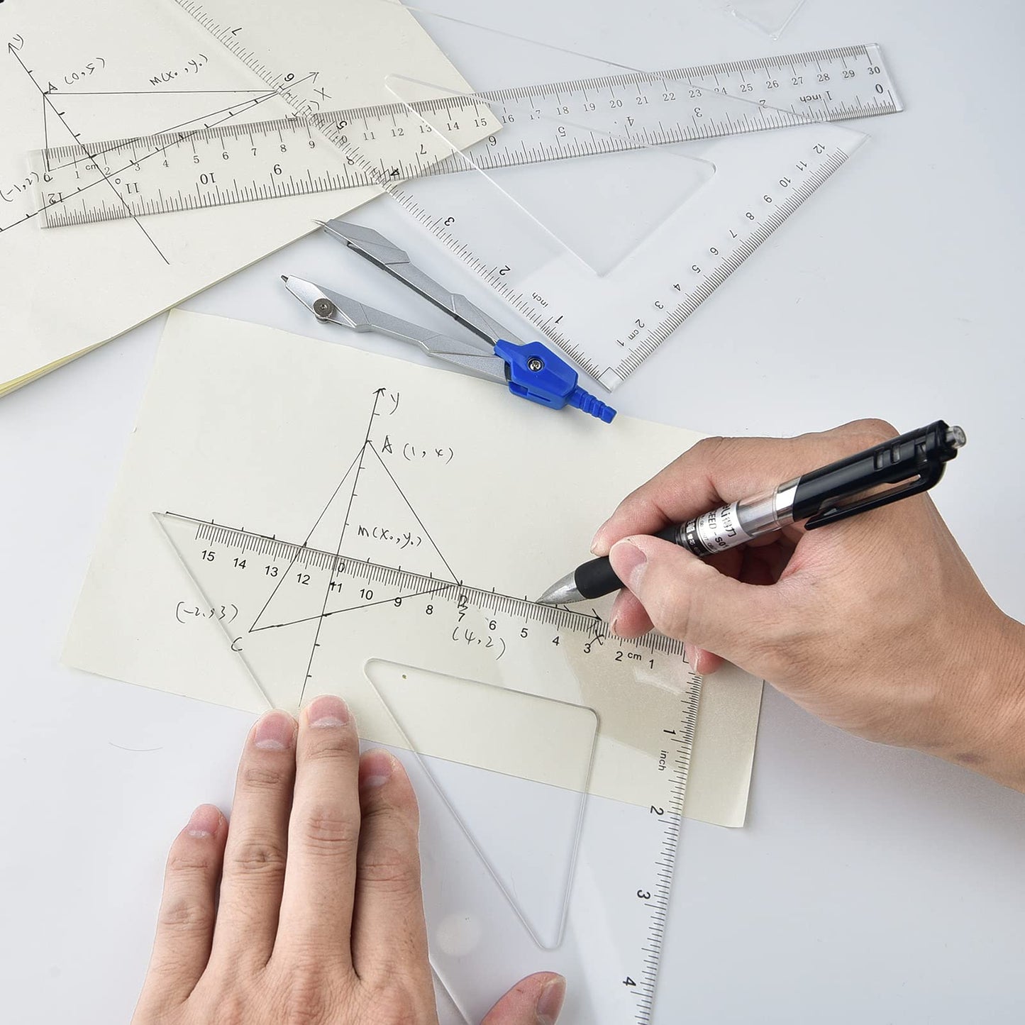 Coopay 12 Inch Math Geometry Tool Plastic Ruler Square Set Includes Straight Ruler, Triangles, Protractor for Student School Office Supplies (Clear)