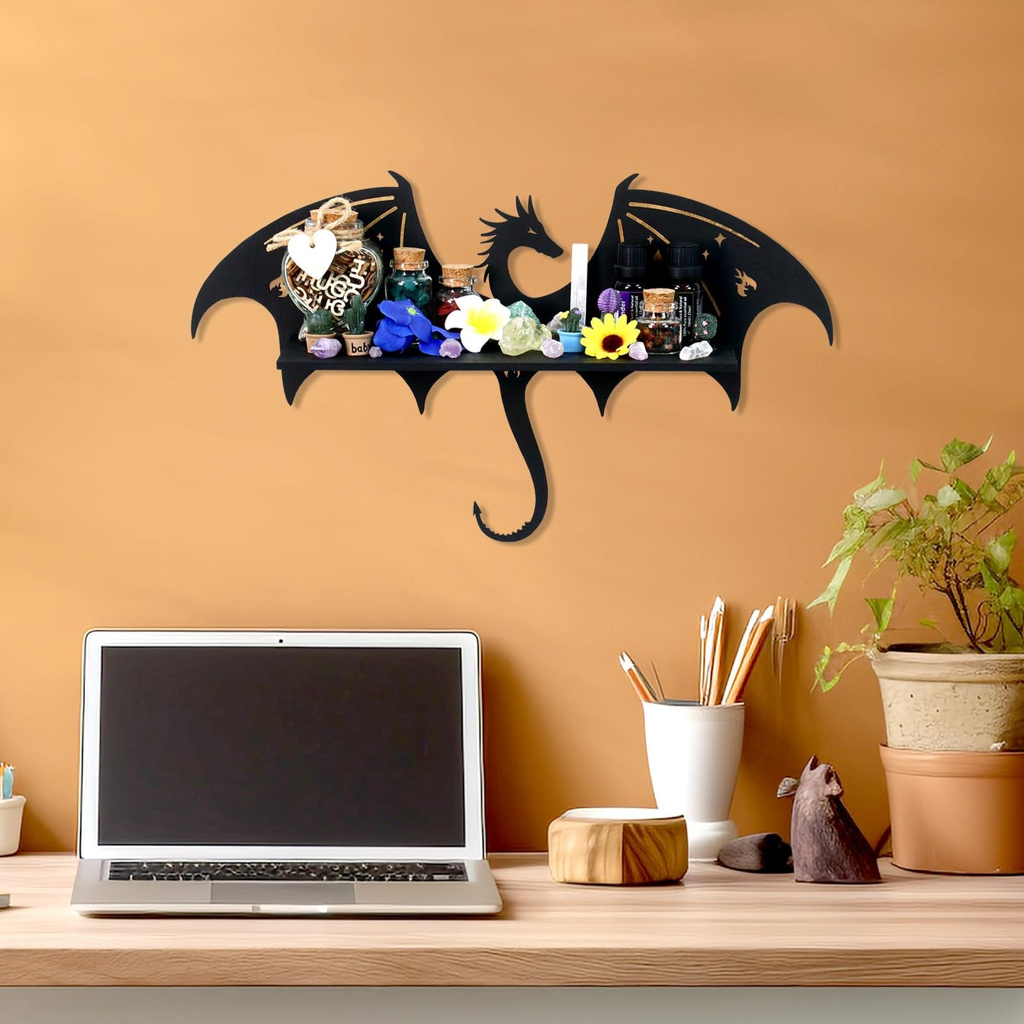 KOYILT Dragon Decor Trinket Shelf Crystal Wall Display Shelf - Rustic Witchy Fantasy Decor for Trinkets, Crystal Storage & Wall Art for Home Altar, Bedroom or Witchy Room (1, Evil Dragon)