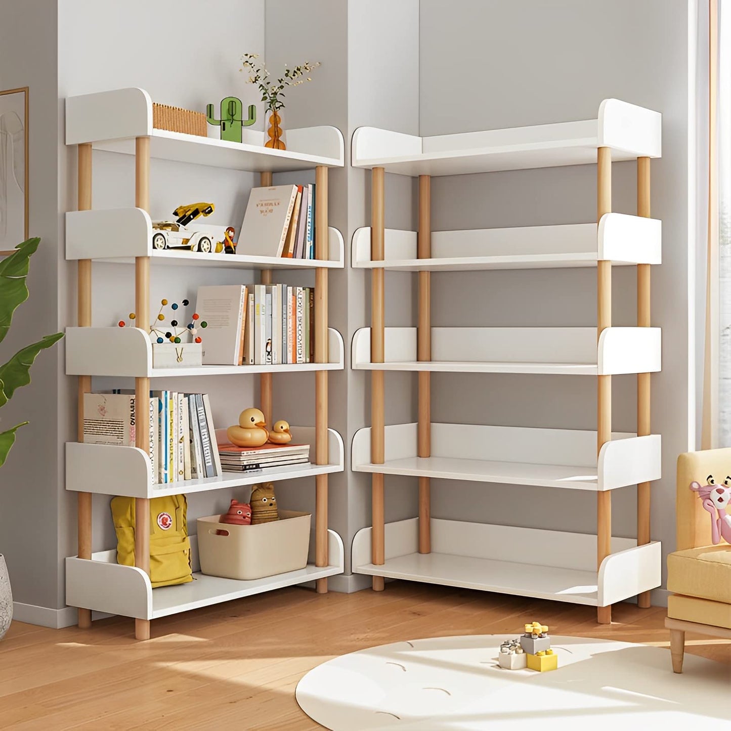 OSCHF 5-Tier Wooden Open Bookcase - Modern Display Bookshelf with Top Edge and Solid Wood Frame for Home and Office, Storage Cabinet, Warm White