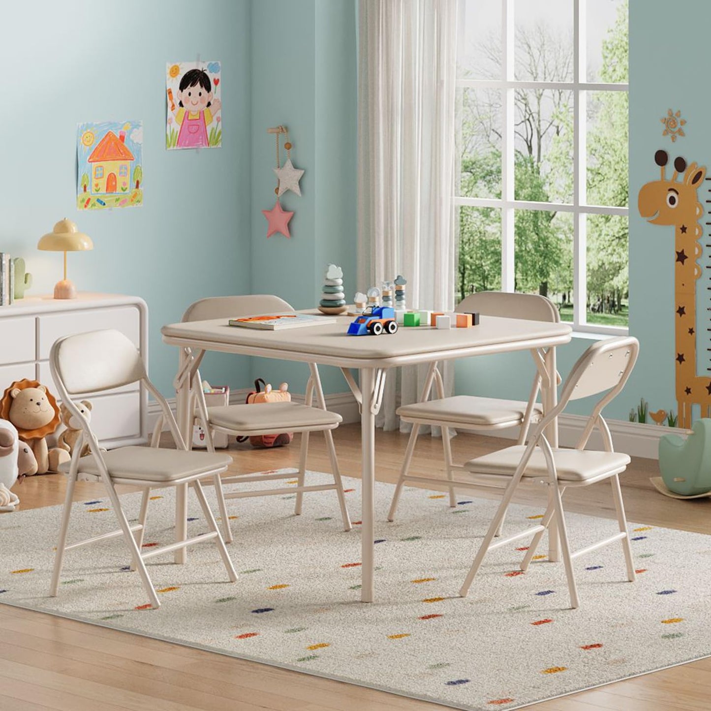 IDEALHOUSE 5 Piece Boys Girls Folding Table and Chairs Set, Activity Table and Chairs Set for Dining Room,Daycare,Classrooms