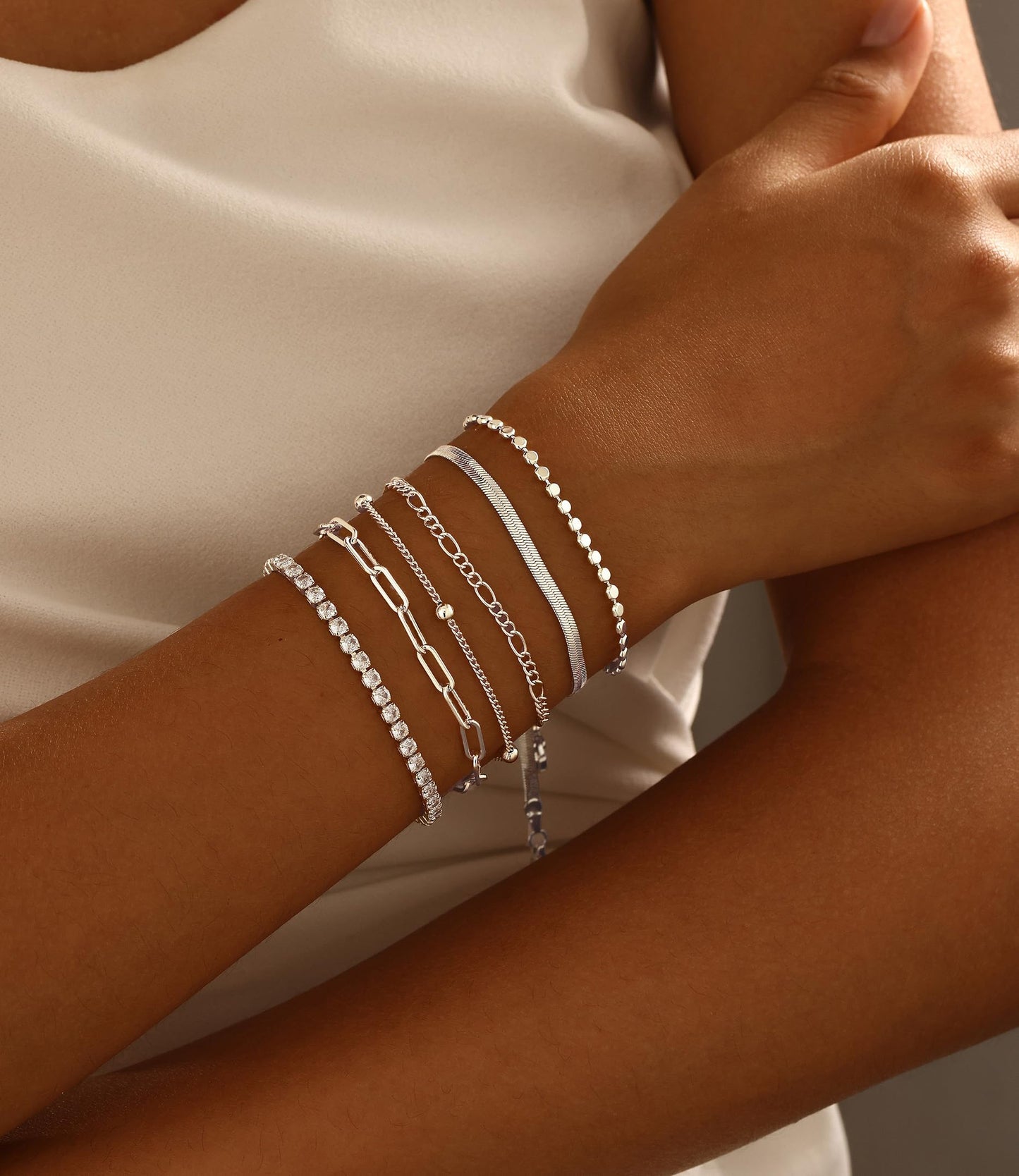 DEARMAY Silver Plated Bracelets for Women Trendy, Dainty Silver Plated Jewelry Set Waterproof Fashion Stackable Tennis Figaro Herringbone Paperclip Chain Bracelet Pack Stack Gifts for Womens