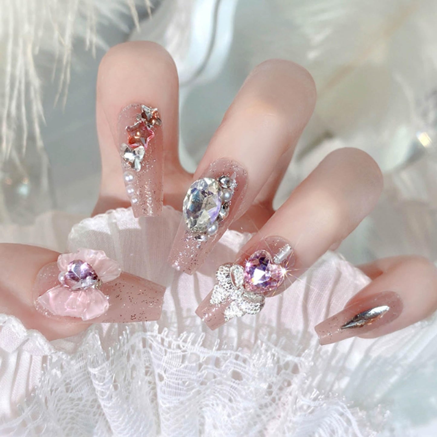 Hkanlre 3D Press on Nails Medium Fake Coffin Nails Tips Full Cover Luxury False Nails for Women and Girls 24PCS
