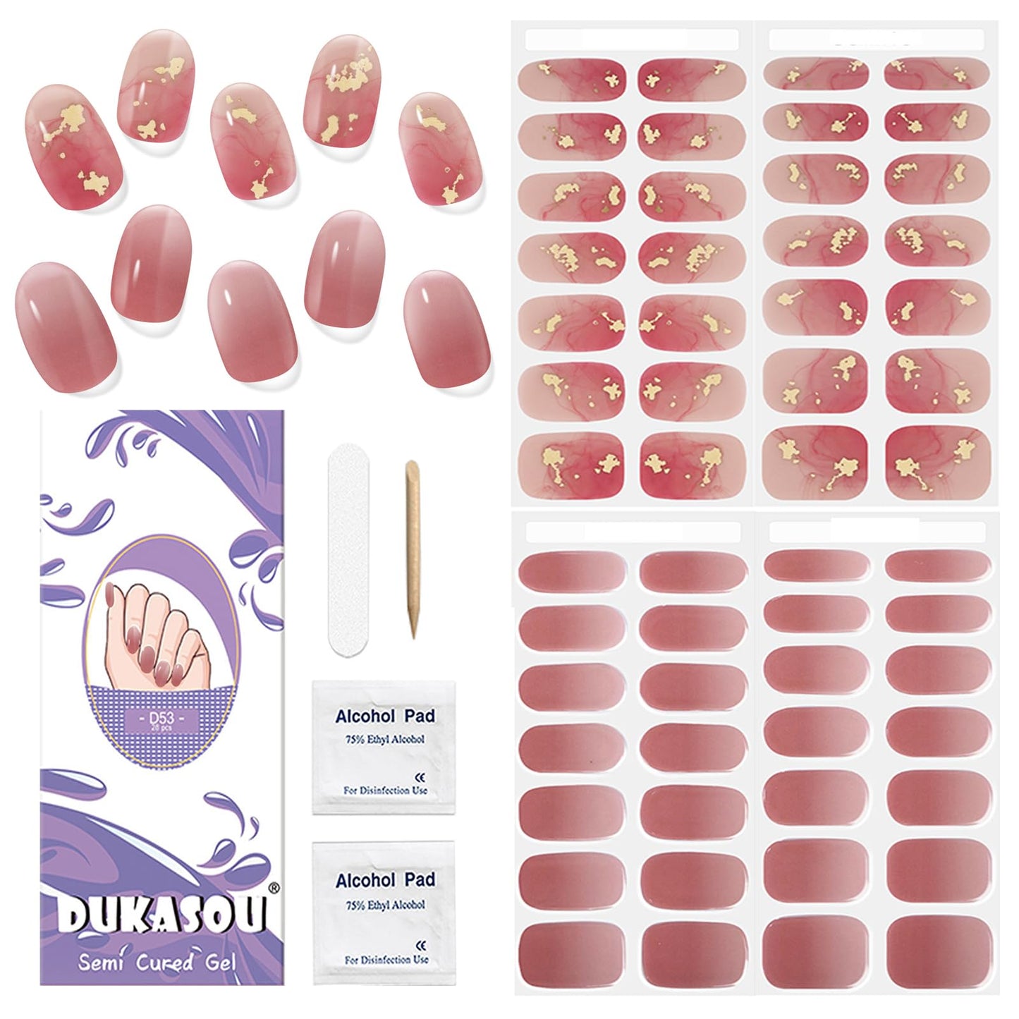 DUKASOU Semi Cured Gel Nail Strips Set, 56Pcs Nail Art Stickers/Wraps, Long Lasting UV Nail Polish Strips for Adults(Gold Peach Red+Gradient Pink)