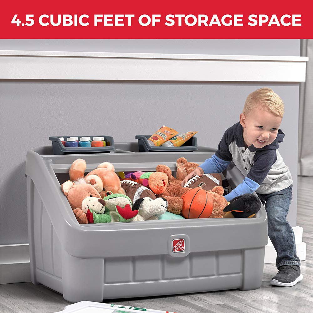 Step2 2-in-1 Toy Box & Art Lid, Kids Toy Storage Bin & Organizer, Easel & Chest in One, Made of Durable Plastic, For Toddlers 2+ Years Old, Gray