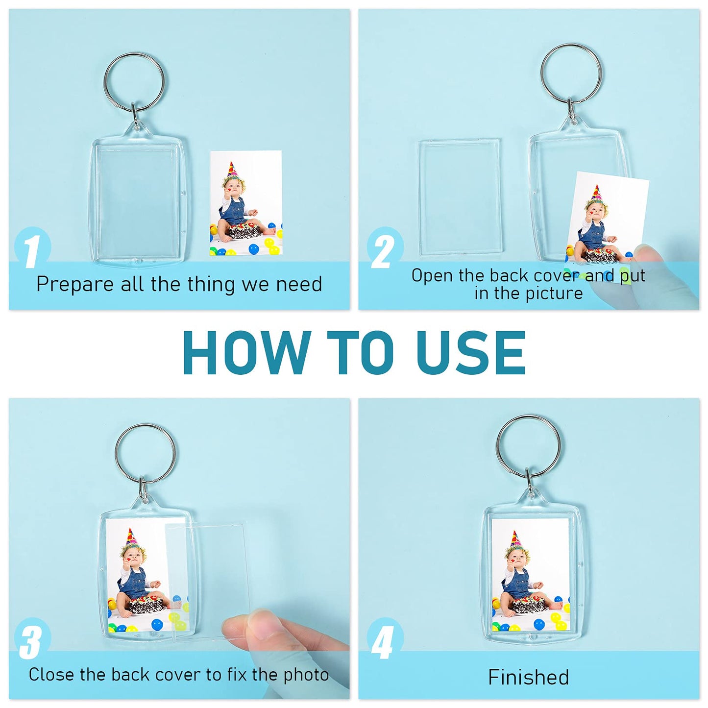 MTLEE 150 Pcs Square Photo Insert Keychain Clear Acrylic Picture Keychains Picture Frame Blank Photo Insert Keyring