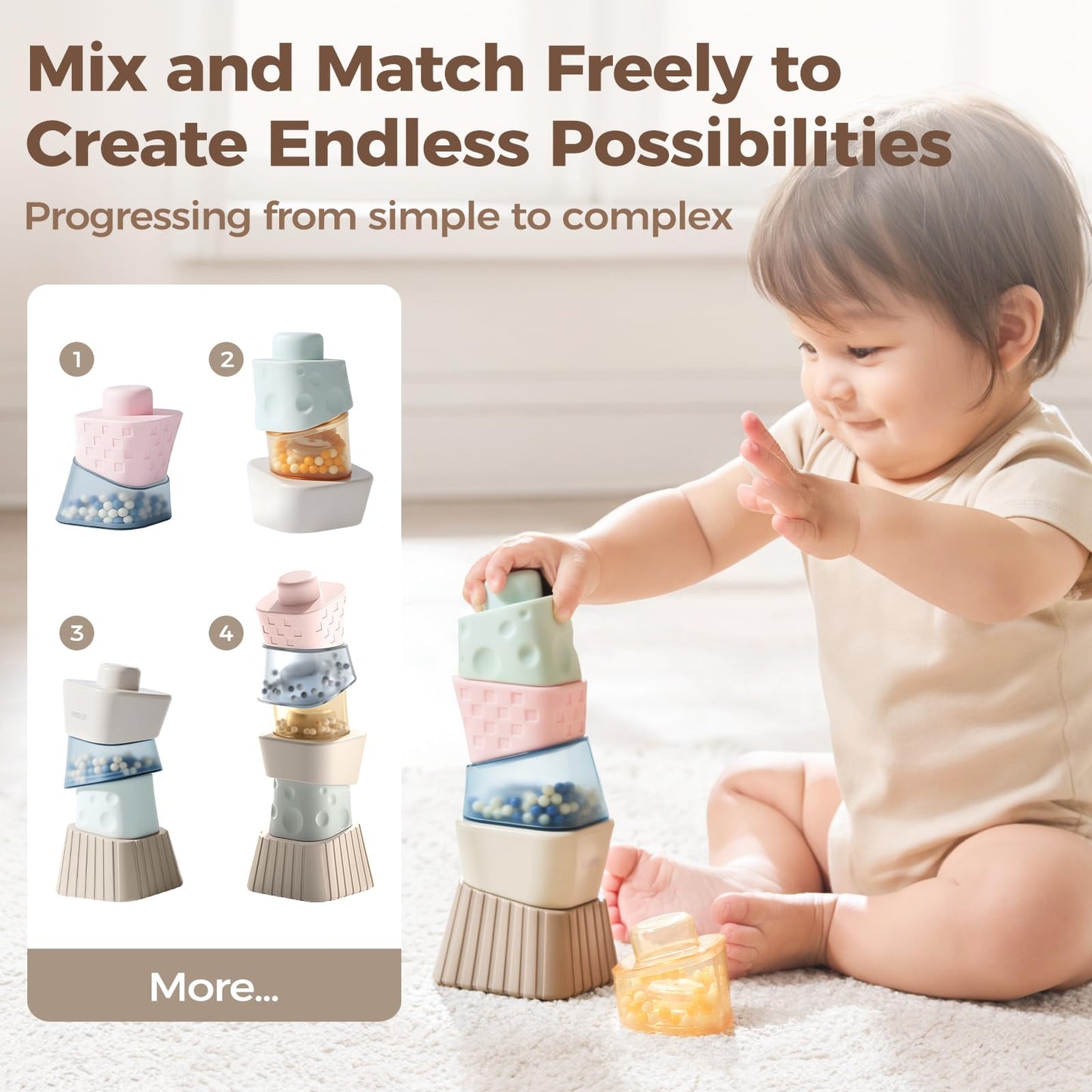 evoceler Stacking Toys for Toddlers 1-3，9° Stacking Blocks with 2 Rattles & Teethers, Soft Balance Learning Baby Toys 6-12 Months,Sensory Montessori Toy for 1 Year Old, Boys Girls Gift, 6 Blocks Set