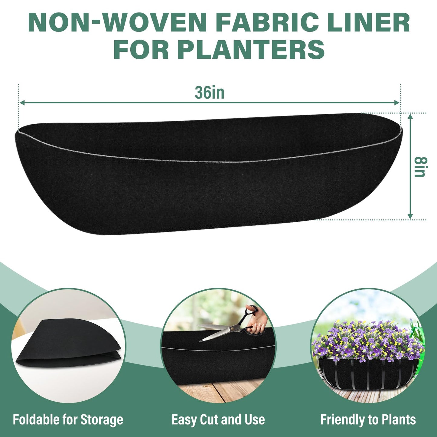 Riare 6 Pack 36 Inch Black Felt Window Box Liners- Fabric Trough Planter Basket Liners Replacement, Non-Woven Hanging Plant Liner for Wall Hanging Basket, Garden Fence Railing (Avoid Bird Nesting)