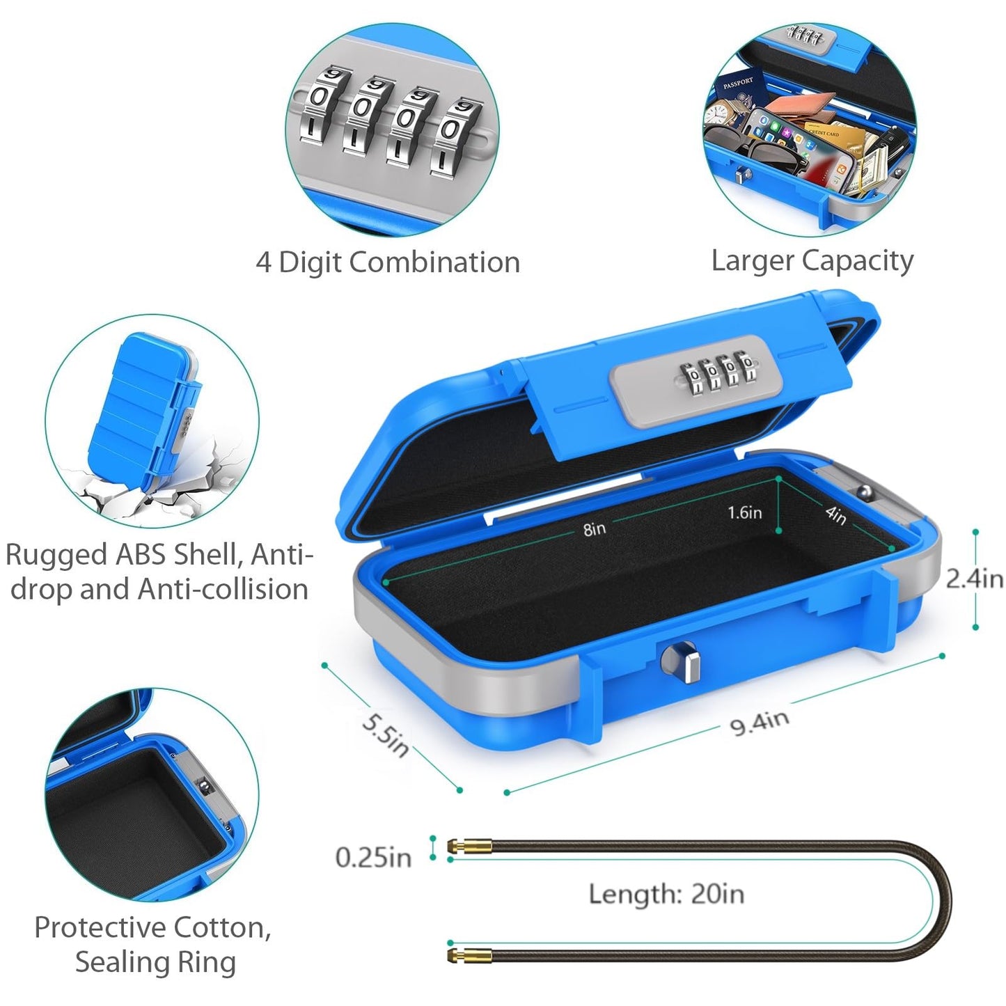 ORIA Portable Security Case, Portable Safe Box, 4 Digit Combination Key Lock Box Security Case, Smartphones, Passports, Credit Cards Safe for Car, Beach, Travel, Blue