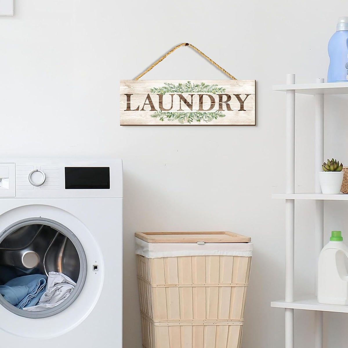 Bathroom Kitchen Laundry Pantry Sign Wall Decor 4 Piece, Wall Art with Plant Print, Rustic Farmhouse Wall Hanging Plaque Home Kitchen Decorative Bathroom, 4.7 x 13.7 inches