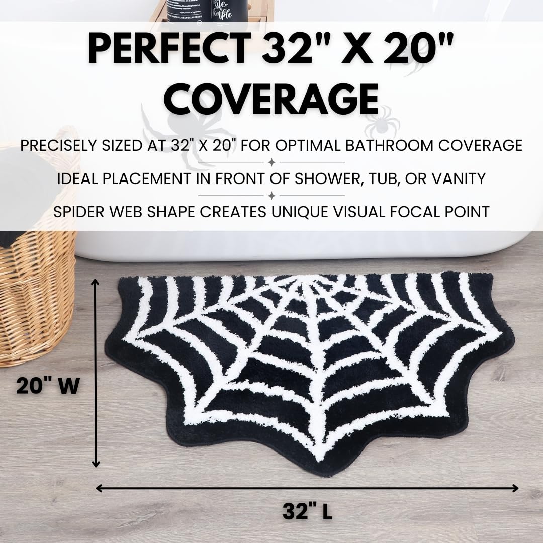 WITTIZA Spider Web Bath Mat - Black & White Gothic Bathroom Rug, Non-Slip Quick Dry Microfiber, Soft Plush for Halloween Decor & Goth Home, Machine Washable, 32" x 20"
