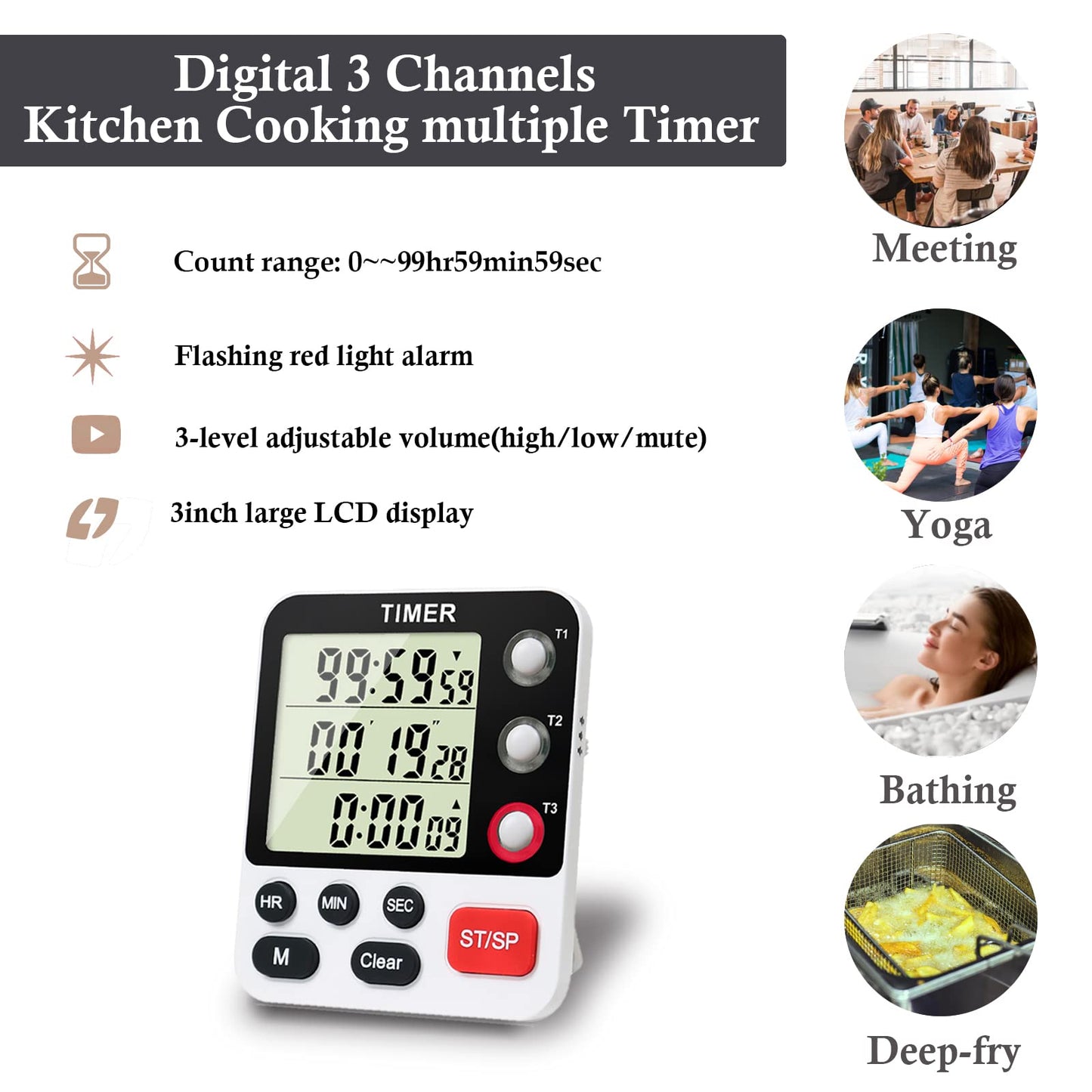 QINFIEY Digital 3 Channels Kitchen Cooking Multiple Timer with Large LCD Count Up Down Stopwatch ON Off Switch Timer for Teaching Reading 3-Level Adjustable Volume with Magnetic Back (Style C)
