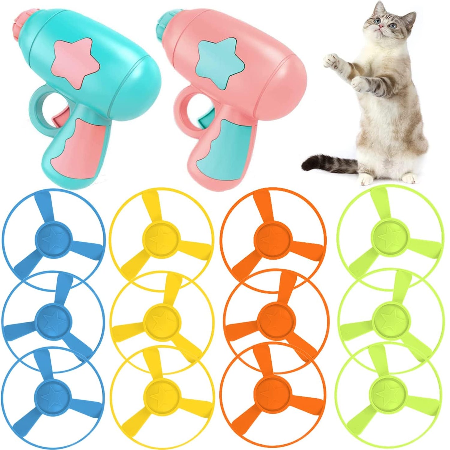 LAPOHI 14 PCS Cat Fetch Toy with Colorful Flying Propellers Set, Cat Playing Tracking Interactive Toys for Kitten Chasing Training Hunting