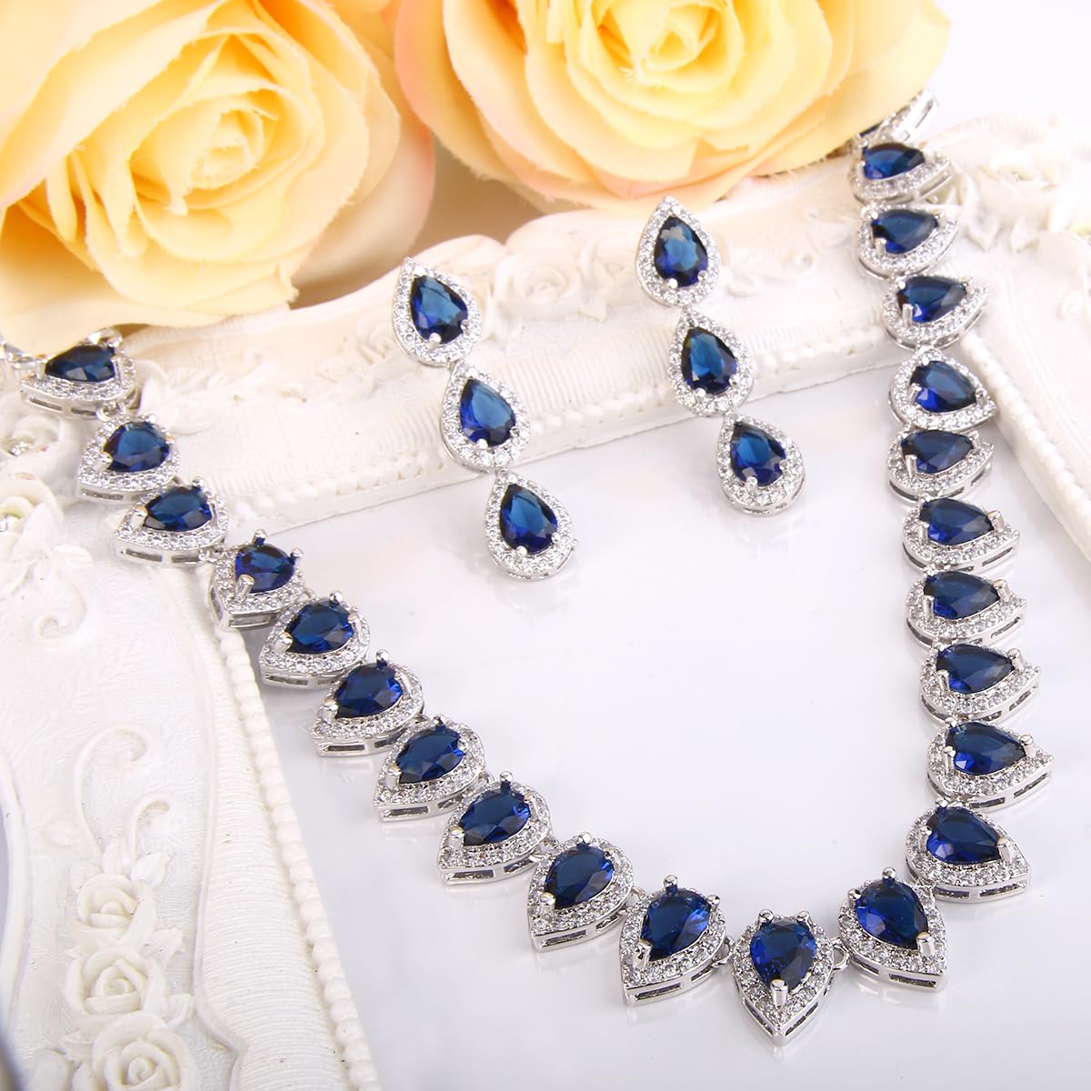 EleQueen Women's Wedding Bridal Full Prong Cubic Zirconia Sapphire Teardrop Necklace Earrings Set for Brides Bridesmaids Blue-Silver-Plated-Brass