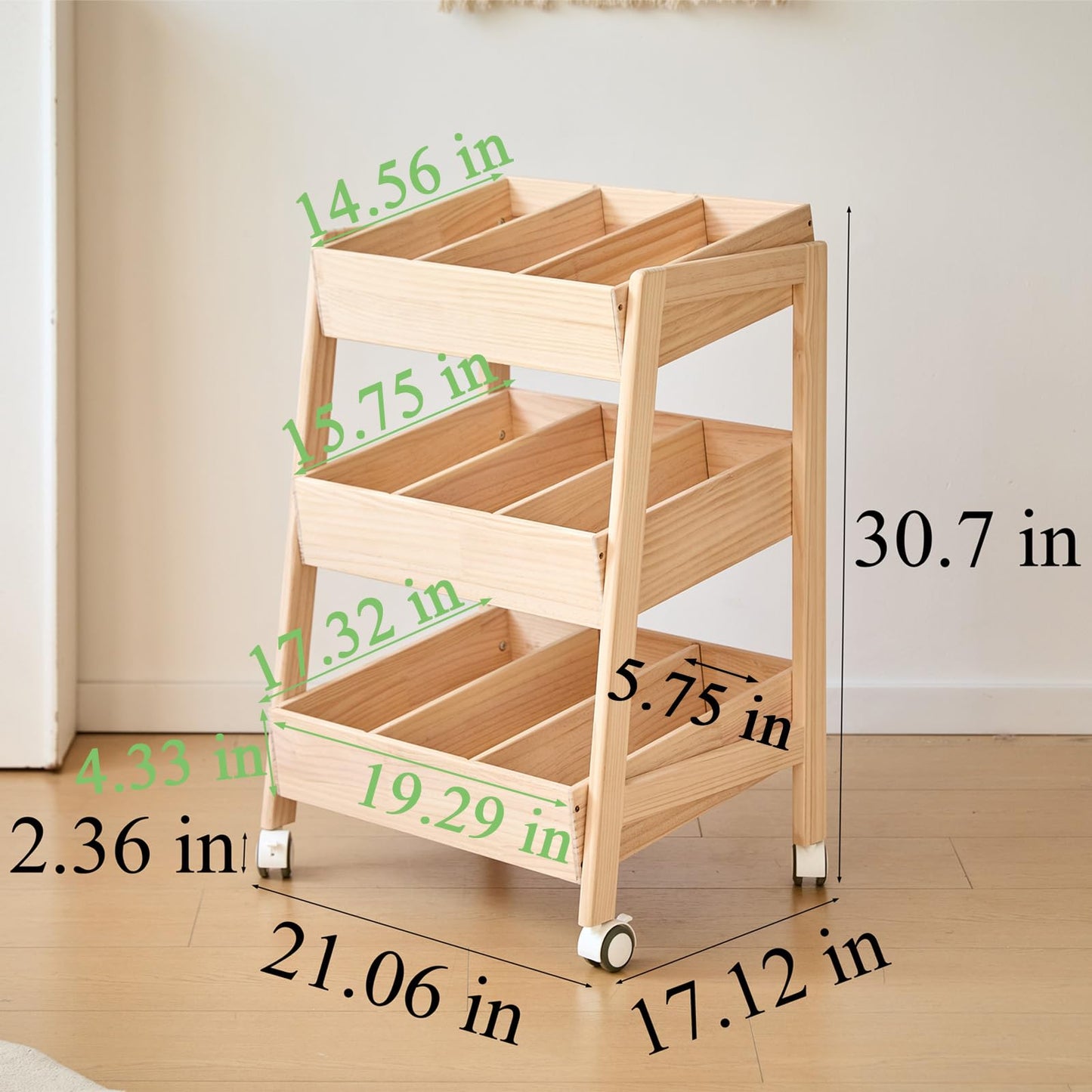 HaoGZMZFCL 3 Tier Wooden Toy Storage Organizer with Wheels for Toy Book Wood Storage Rack Open Display Shelf Kids Gift Natural