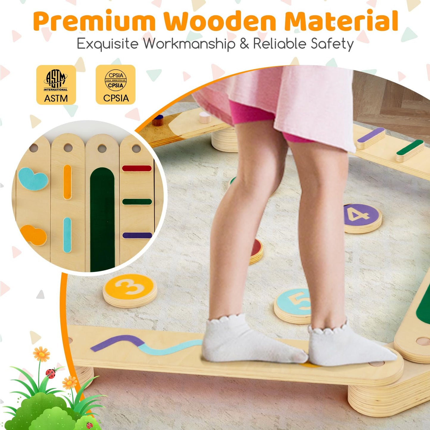 Costzon Montessori Wooden Balance Beam Step Stones, Double-Sided 12-pcs Kids Gymnastics Obstacle Course Balance Board Playset for Coordination, Motor Skills, Natural Development Toy Gift Age 3+ Years