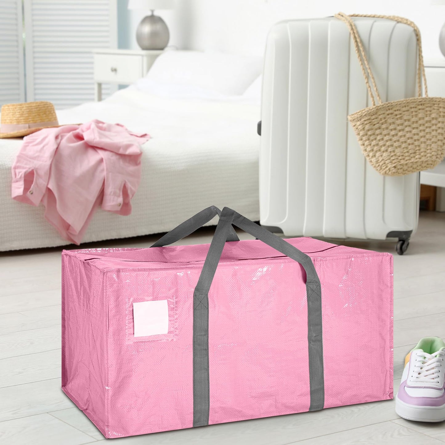 Vincreem 8 Pack Extra Large Moving Bags 65LBs Heavy Duty Packing Bags with Extra Long Handles and Zippers Storage Totes for College Students Room Dorm Essentials Packing Supplies(Pink)