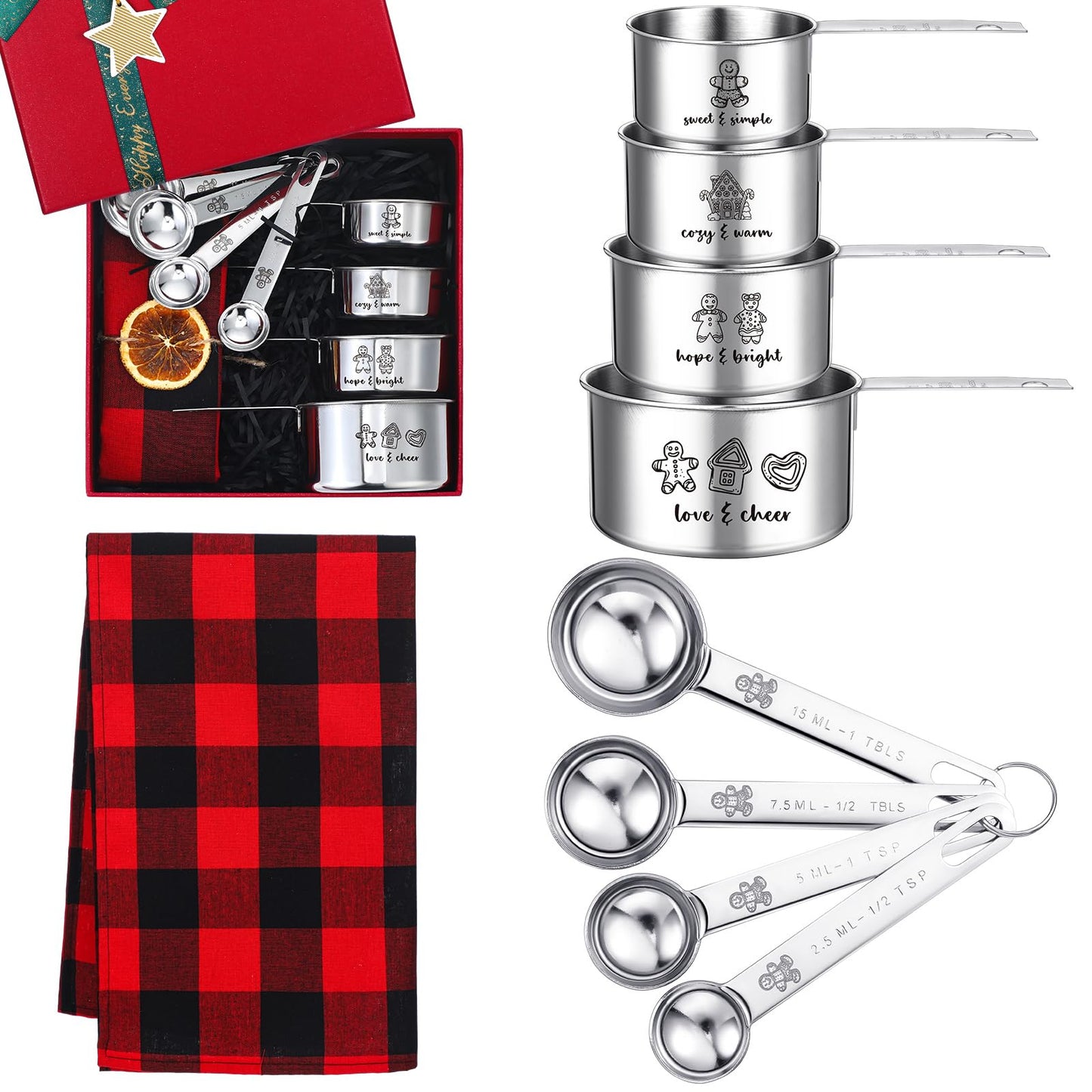 Nuogo 10 Pcs Christmas Measuring Cups and Spoons Set Christmas Gift Box Include 4 Stainless Steel Measuring Cups 4 Measuring Spoons and 1 Red and Black Plaid Towel Xmas Gift for Women
