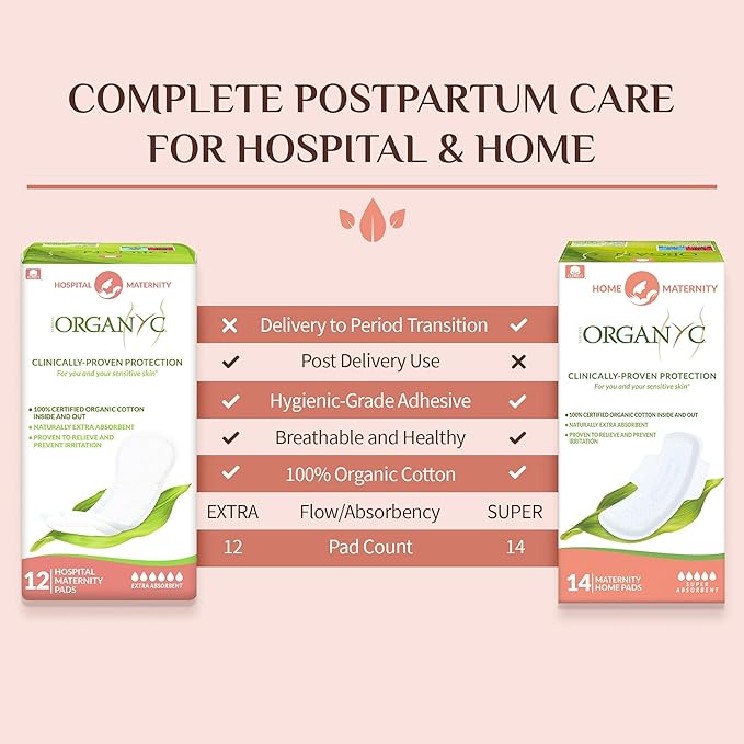 Organyc Home Postpartum Pads, Certified Organic Cotton Pads for Women, Large Pads for Heavy Flow Days After Childbirth, 14 Counts