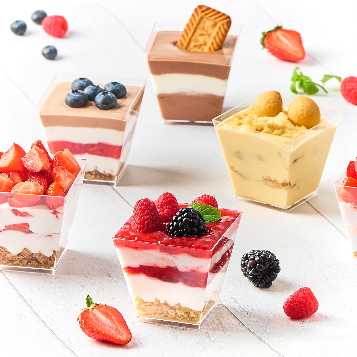 Zezzxu 7 oz Square Mini Dessert Cups with Spoons - 50 Pack Plastic Pudding & Parfait Cups Party Dessert Shooters for Serving Trifle Mousse Cake Appetizers