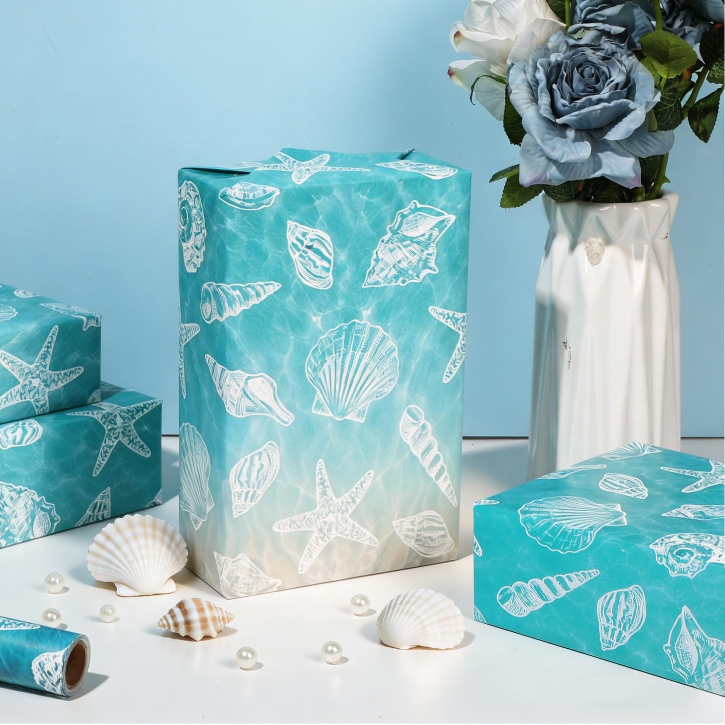 Beach Seashell Wrapping Paper Roll - 17Inch x 16.5Ft - Ocean Themed Gift Wrap Paper, Sea Shell Printed Gift Packing Supplies for Coastal Wedding Summer Beach Birthday Party Crafts Decorations