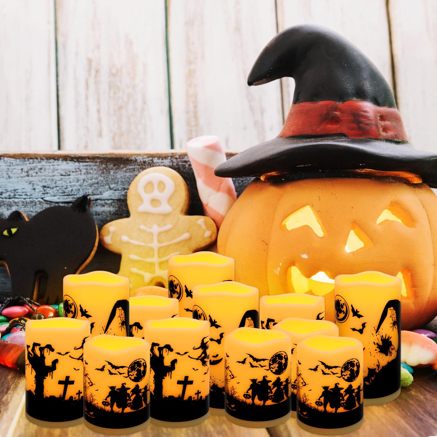 CLTNIKET 12-Pack Halloween Ink Painting Large Electronic Waxes with Remote Control, Flameless LED Candles for Halloween Spooky, Halloween Ambient Sense Artifacts.