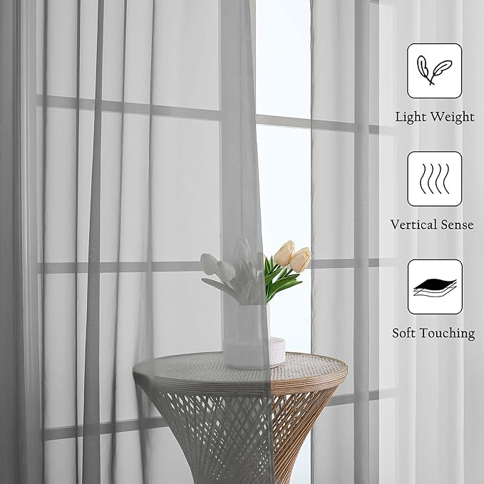 Lecloud Charcoal Grey Sheer Curtains 108 Inches Long 2 Pcs, Airy Light Filtering Farmhouse Curtains for Bedroom, Dual Rod Pocket Solid Color Living Room Decor Drapes, Each Panel 59" W x 108" L