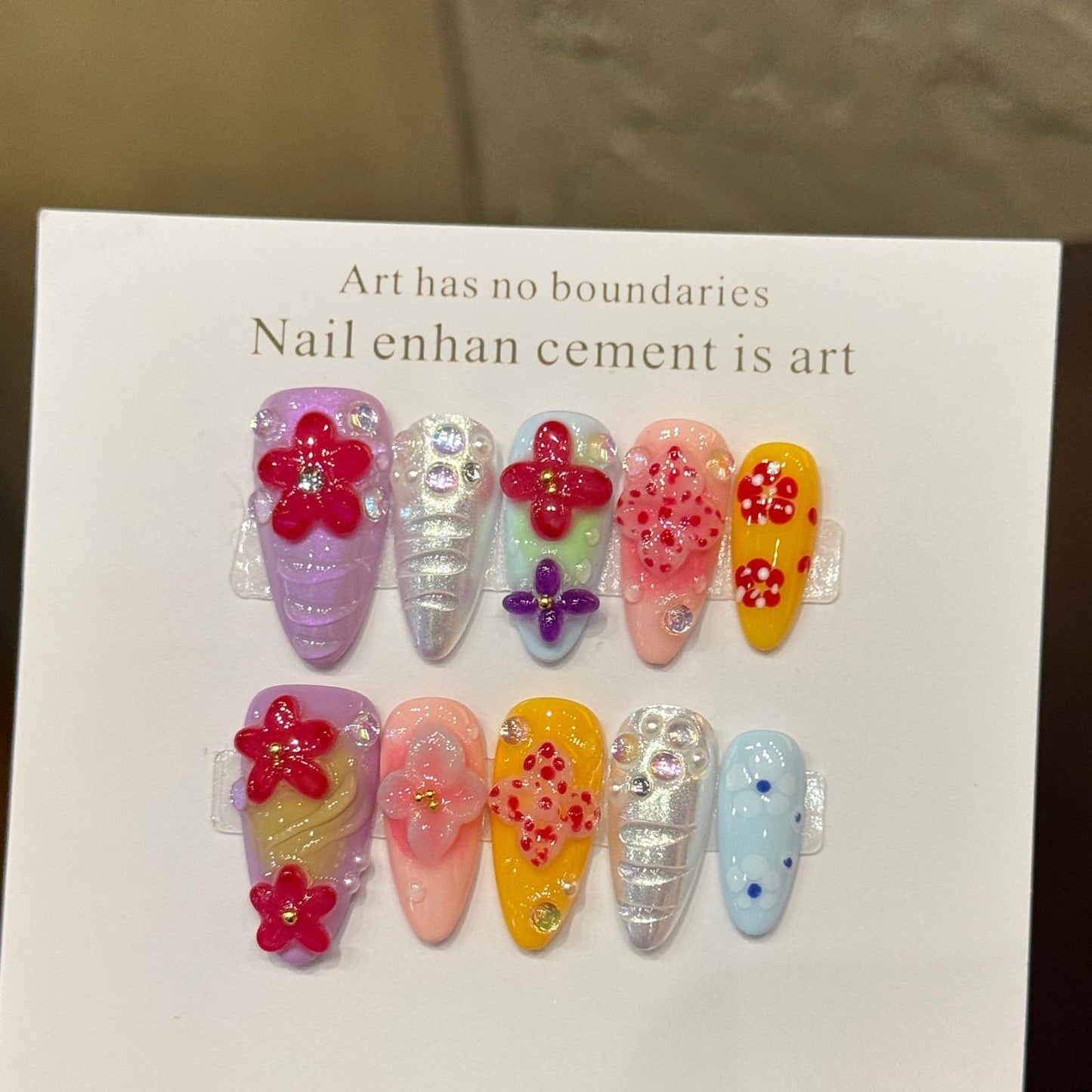 Yacey 3D Tropical Floral Handmade Press on Nails, Medium Almond Reusable False Nails Press Ons, Colorful Luxury Thick Acrylic Fake Nails, Bling Glue on Nails for Women Girls (10 Pcs, M)