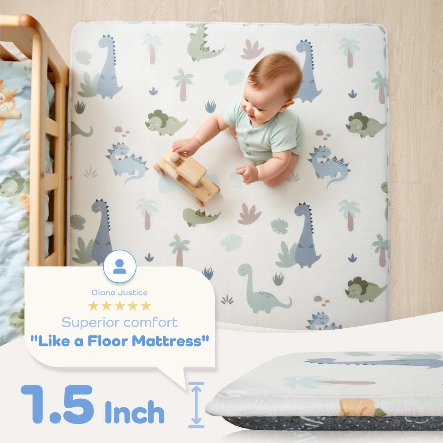 PaPaMat 1.5" Thick Premium Baby Play Mat for Floor, 50x50 Padded Memory Foam Play Mat, Tummy Time Crawling Playmat for Nursery Playroom Classroom, Dinosaurs