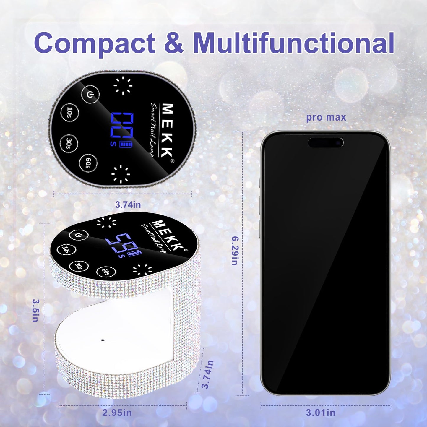 MEKK Cordless Mini UV Light for Gel Nails - 24W Rechargeable Mini UV LED Nail Lamp with Touch Control & Auto Sensor,Small Flash Cure Lamp,4 Timers,Portable Nail Light for Tavel & Home Use-Diamond