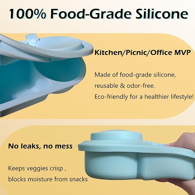2 Pack Small Silicone Snack Containers with Lids, Reusable Food Storage Containers, Salad Dressing Container, Mini Double Compartment Snackle Box Container for Office, Picnic, School (Blue+Yellow)