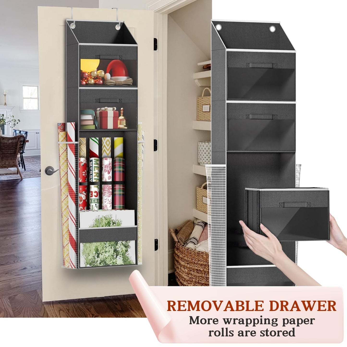 Over Door Wrapping Paper Organizer Storage with 3 Removable Drawers & Side Pockets – Dual Use Design with Elastic Straps – Christmas Gift Wrap Storage for Ribbons, Bows, Ornament and Other Tools 1Pack