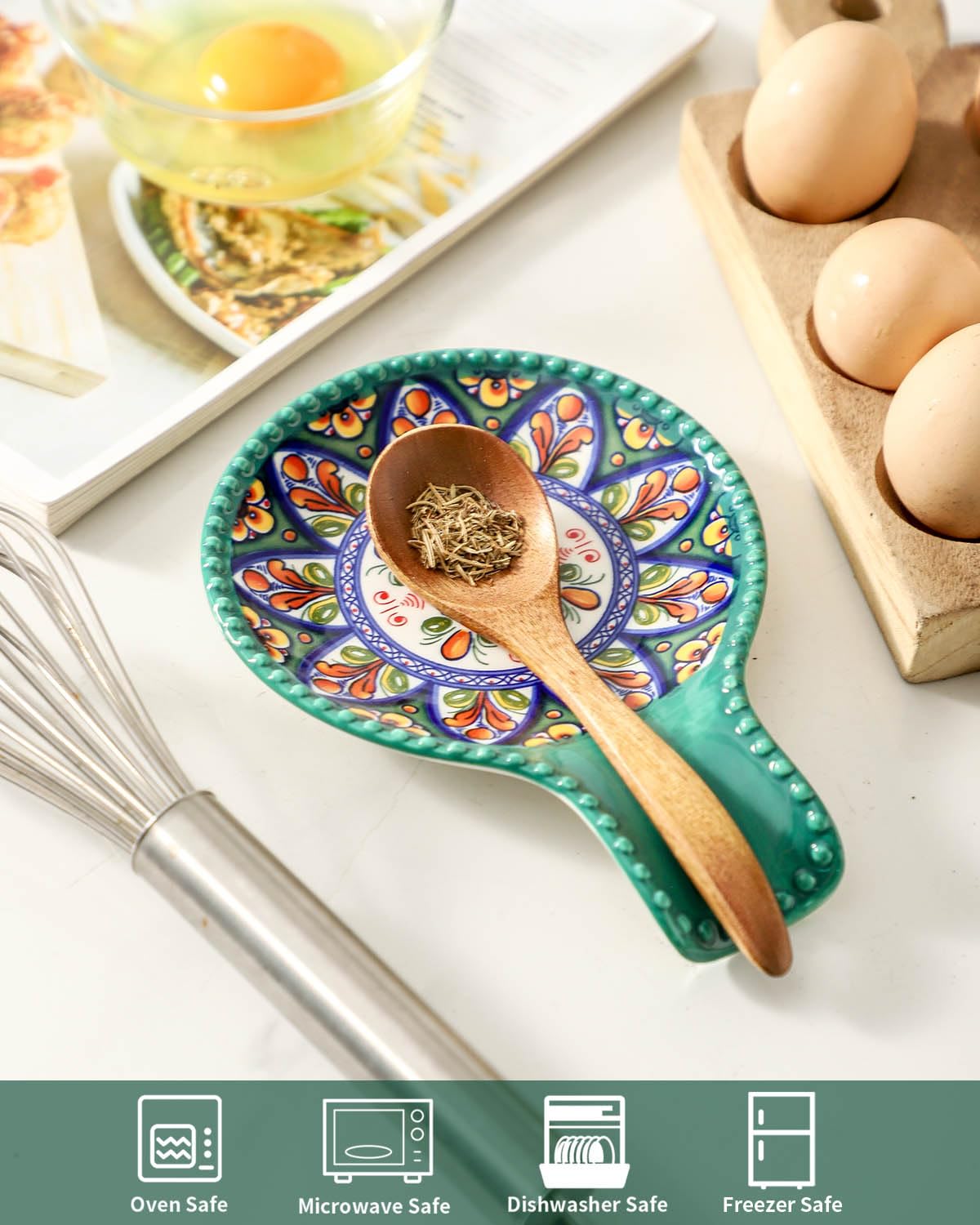 Glowworm Ceramic Spoon Rest for Stove Top, 7.7 Inch Coffee Spoon Holder for Spoons, Ladles, Tongs, Spatula, Farmhouse Utensil Rest for Kitchen Counter Decor, Green