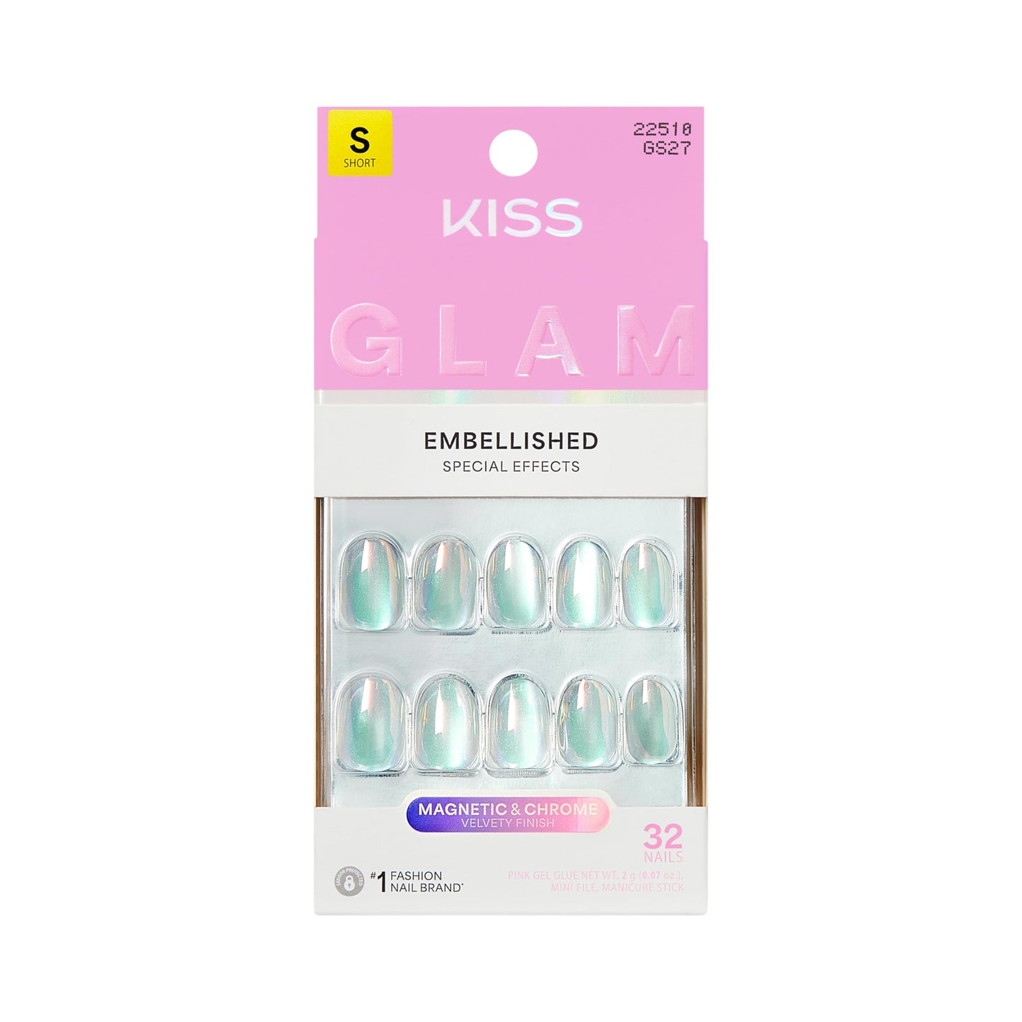 Kiss Glam, Press On Nails, Nail glue included, 'Celestique', Blue, Short Size, Round Shape, Includes 32 Nails, 2g Glue, 1 Manicure Stick, 1 Mini File