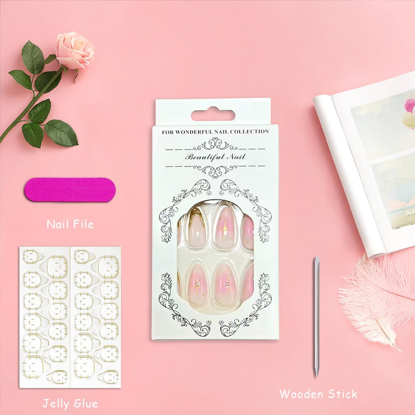 3D Gold Irregular French Tip Press on Nails Medium Almond Gradient Fake Nails Star Rhinestones Acrylic False Nail Glossy Full Cover Glue on Nail for Women