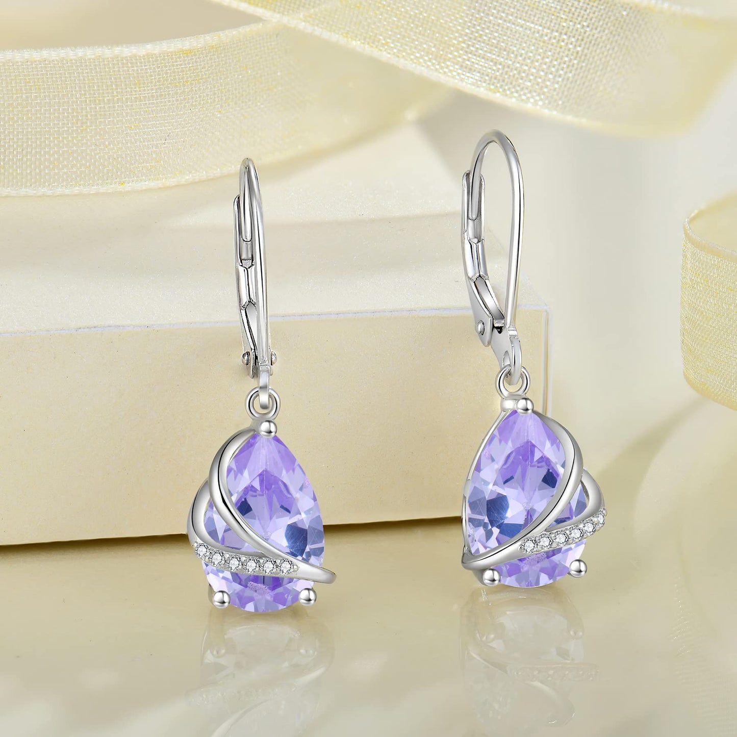 Rocayi Teardrop Alexandrite Earrings 925 Sterling Silver Dangle Drop Earrings June Birthstone Jewelry for Women