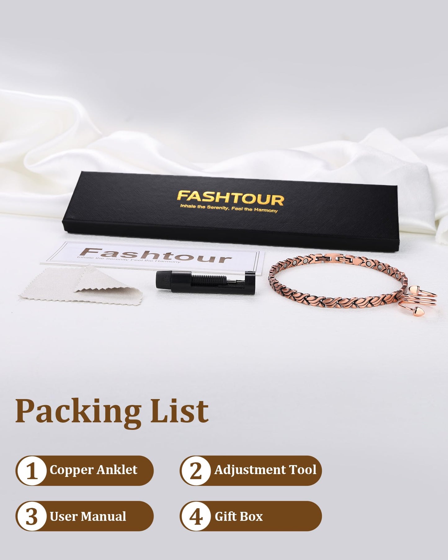 Fashtour Copper Anklet and Ring Set for Women, 99.9% Pure Copper Magnetic Ankle Bracelet with 3500 Gauss Magnets, Adjustable Jewelry Gift (Fishtail)
