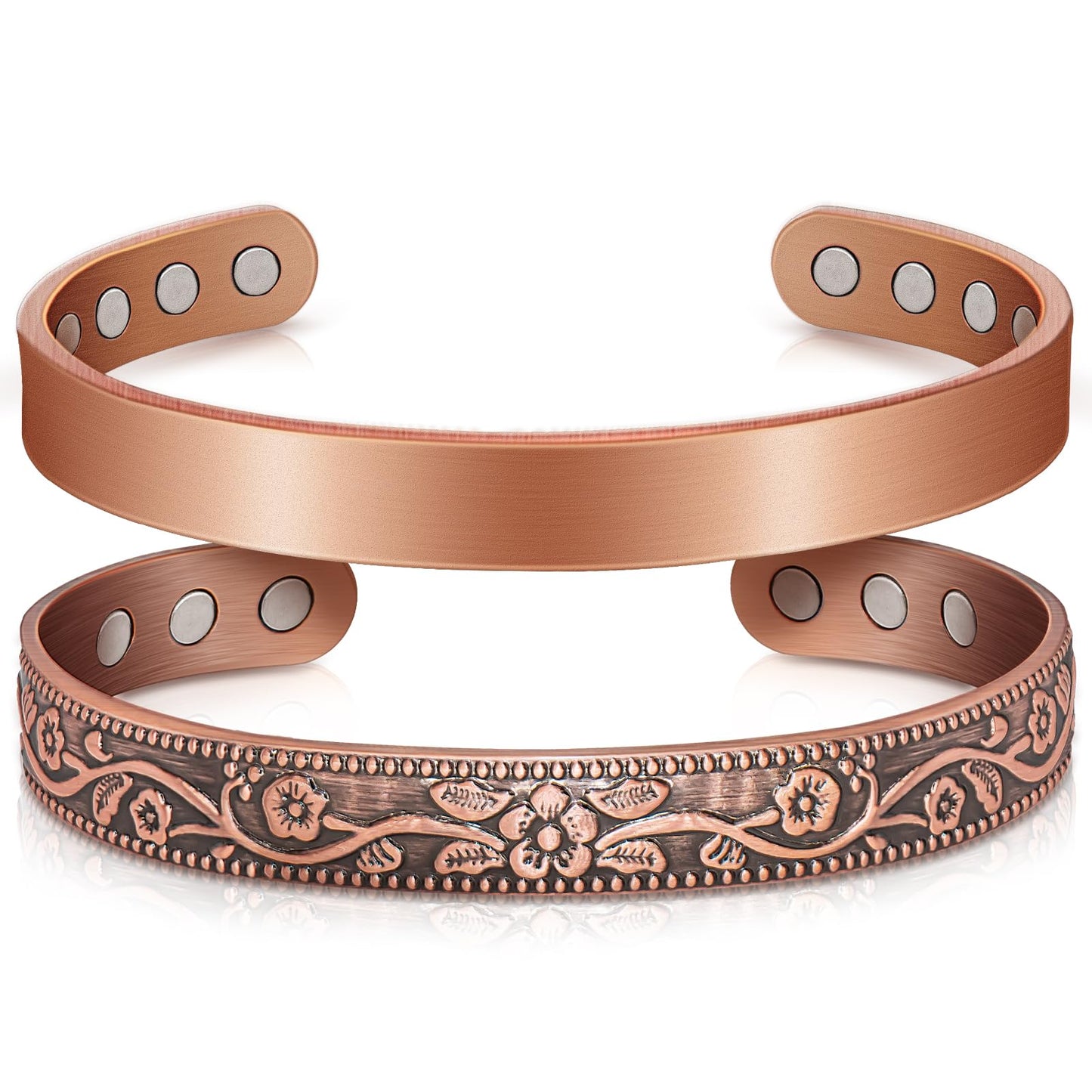 Auramag Magnetic Bangle for Women, Copper Cuff Bangle with 3500 Gauss Magnets, 100% Pure Copper Jewelry Gift Adjustable (2 PCS)