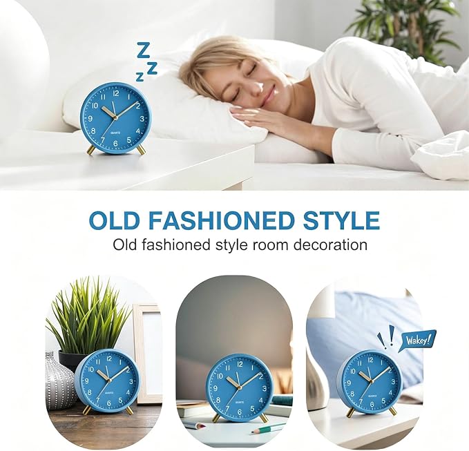 Analog Alarm Clock, Silent Non-Ticking with Night Light, Fashionable Round Metal Alarm Clock for Office, Battery Operated, Bedroom, Elderly, Adults, Women, Men, Children, Student Gifts