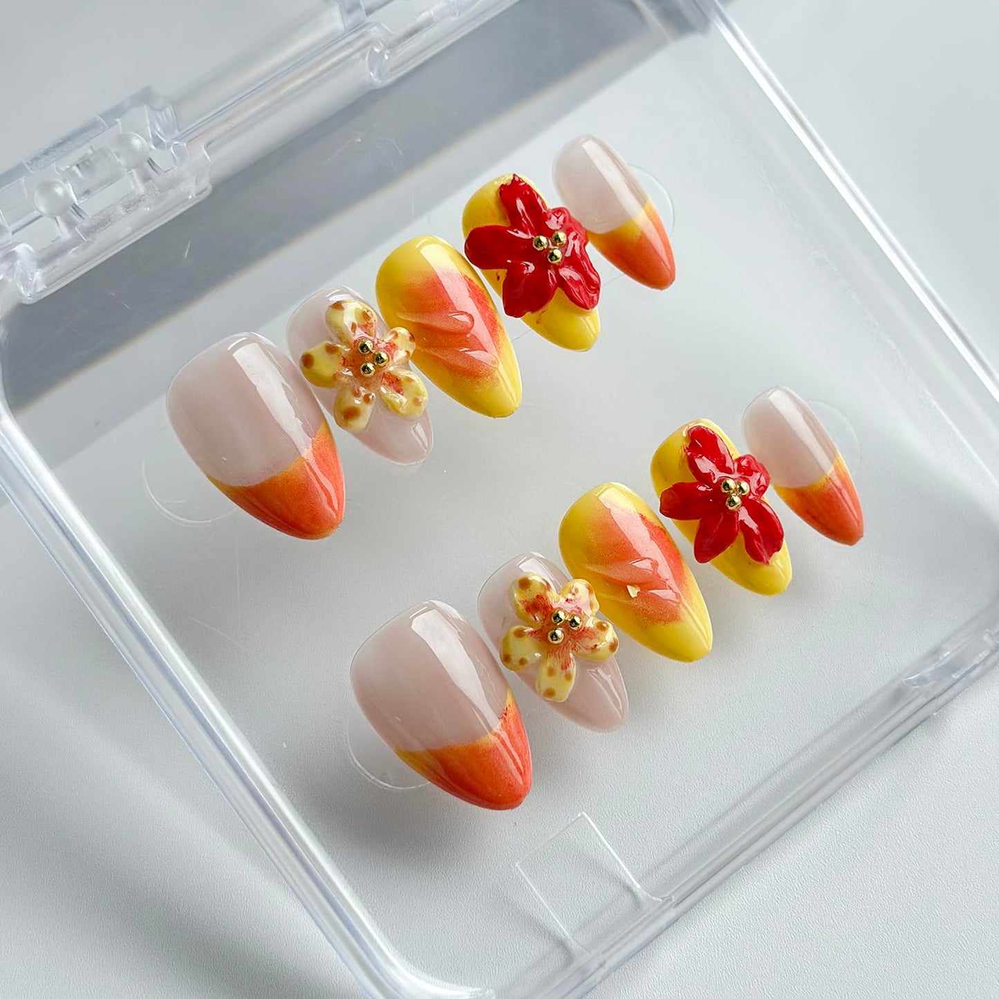 Luxury Press on Nails Short Almond Handmade 3D Unique Reusable ABS Material Fake Nails French Tip False Nails with Designs Flower Yellow&Pink Glossy Glue on Nail Thick Acrylic Nail(M)